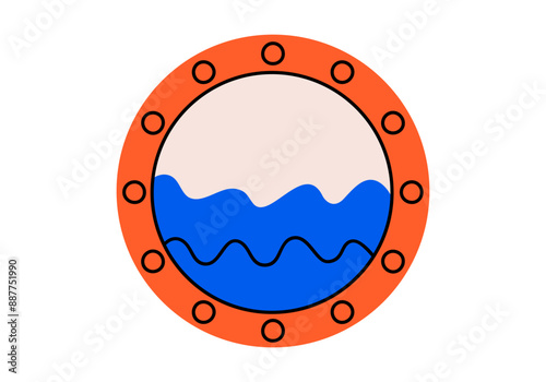 Hand drawn cute cartoon illustration of porthole. Flat vector circle window with ocean or sea in doodle style. View from the ship or boat icon or print. Vacation or holiday summer trip. Isolated.