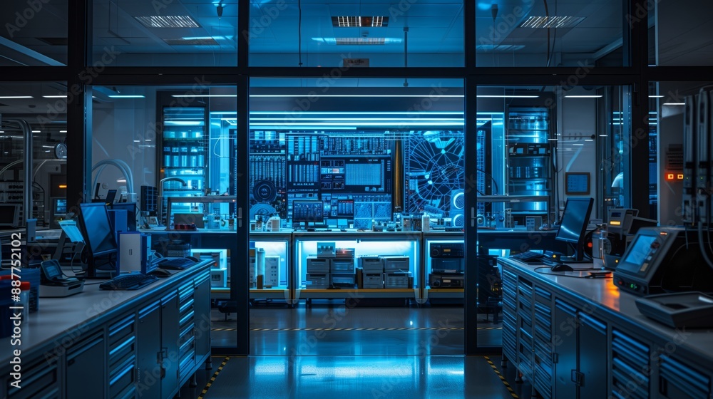 An empty high-tech laboratory lit by blue light at night. The lab is equipped with computers, equipment, and other devices.