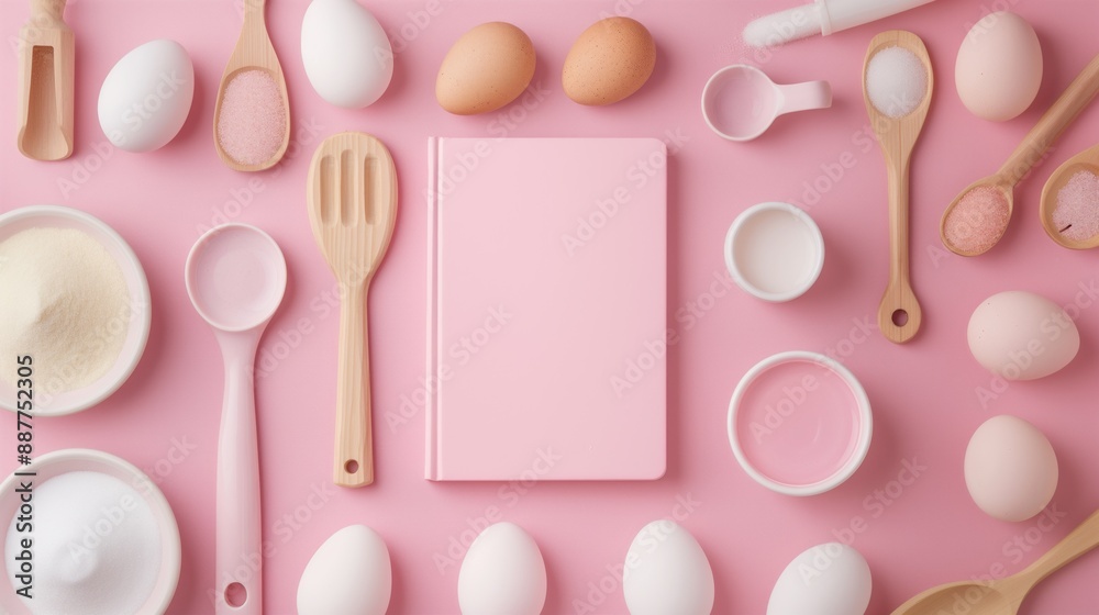 Flat lay of baking ingredients and utensils on pastel pink background. Flat lay of baking ingredients and utensils on pastel pink background.
