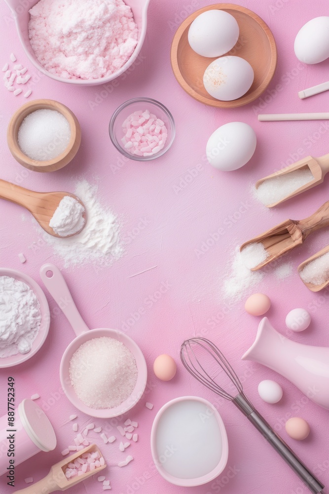 Flat lay of baking ingredients and utensils on pastel pink background. Flat lay of baking ingredients and utensils on pastel pink background.