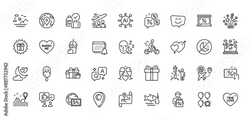 Sea mountains, Airplane travel and Sleep line icons pack. AI, Question and Answer, Map pin icons. Market, Fireworks, Marry me web icon. True love, Fishing, Fireworks stars pictogram. Vector