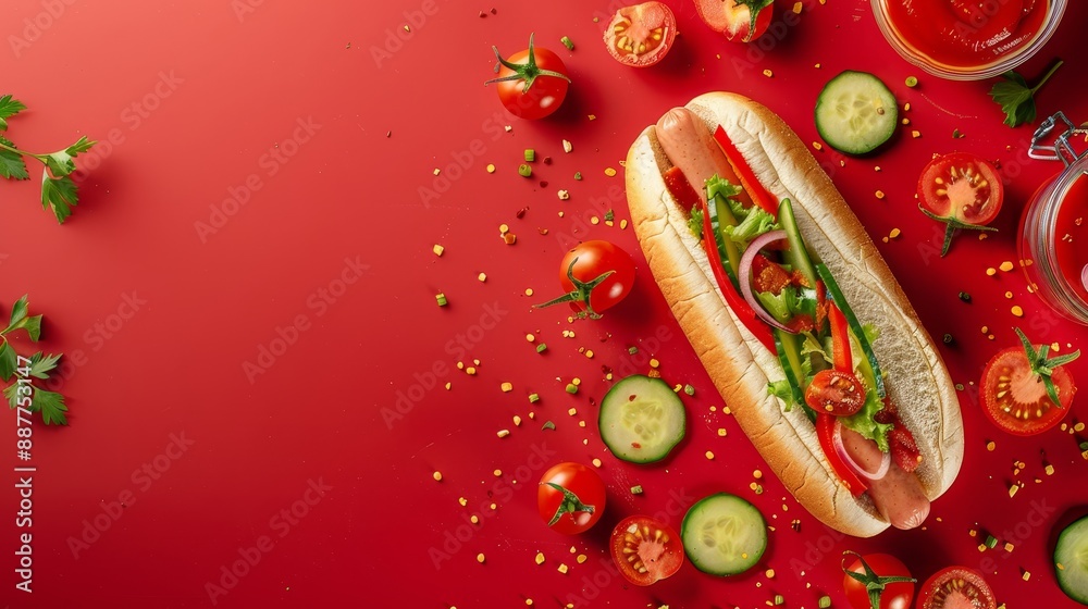 copy space, hot dog with vegetables, tomatoes, cucumbers and sauce copy space, hot dog with vegetables, tomatoes, cucumbers and sauce