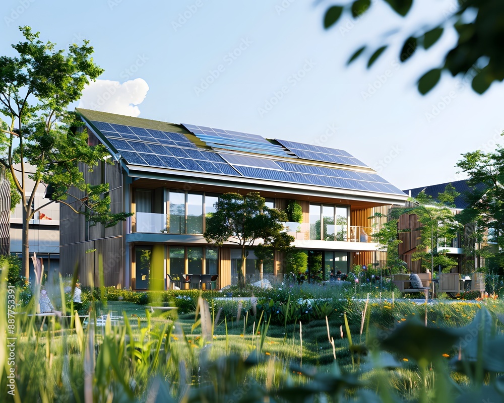 A modern house with solar panels on the roof, in front of it is an open garden full of flowers and grass A modern house with solar panels on the roof, in front of it is an open garden full of flowers and grass