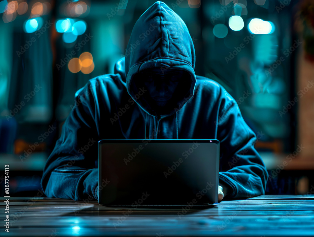 darkened hacker person hidden behind a dark hood and sitting at a laptop