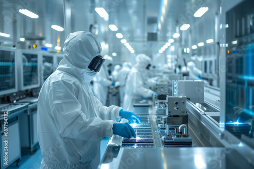 clean room in a semiconductor lab with engineers in protective suits using laserguided machinery to create microchips