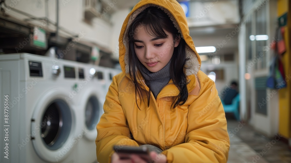 Obraz premium A woman sits in a bright laundry room using her phone, with washing machines in the background.