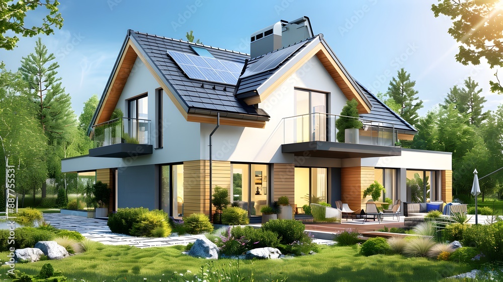 A modern house with solar panels on the roof, in front of it is an open garden full of flowers and grass A modern house with solar panels on the roof, in front of it is an open garden full of flowers and grass