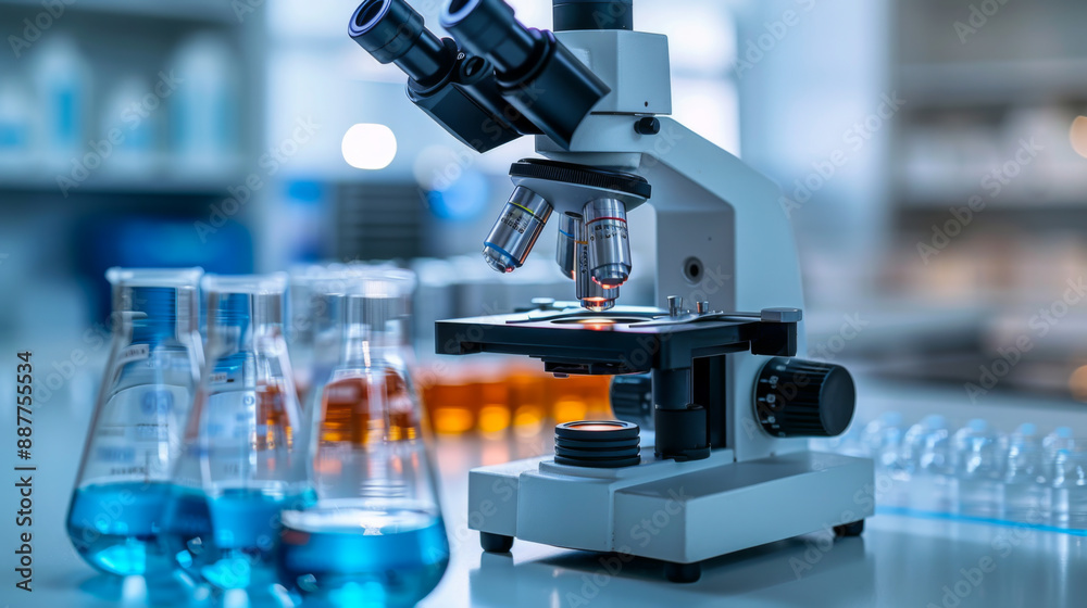 Microscope and test tubes on table, on color background Microscope and test tubes on table, on color background