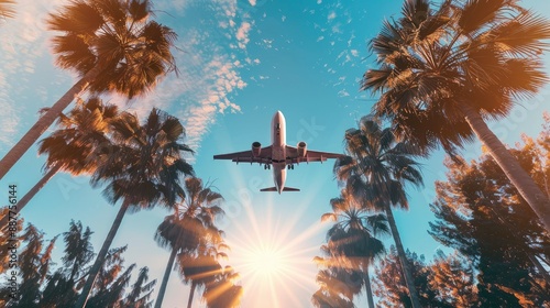 Airplane flying above palm trees in clear sunset sky with sun rays