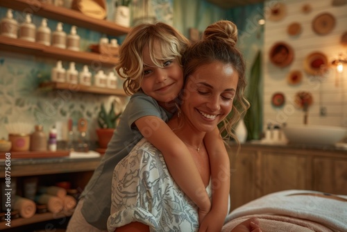 An image of a mother and her young child at a spa, with the mother receiving a relaxing back massage while the child watches nearby. The spa room is designed to be kid-friendly, with a small play