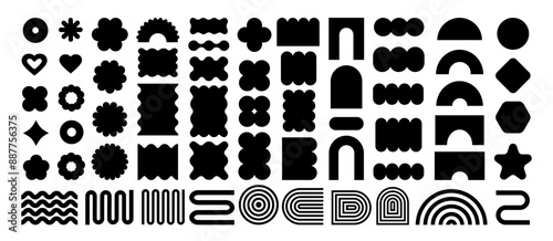 Abstract geometric shapes and icons in black colors. Groovy brutal modern figures. Stylish Swiss design aesthetic.