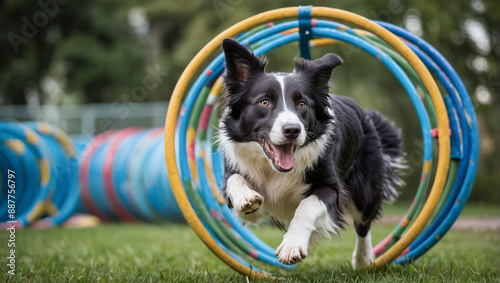 Energetic border collie jumping through multiple colorful hoops during an agility training session in a park.