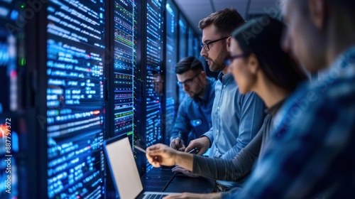IT developers team writing server script code in data center on laptop terminal. Teamworking programmers doing maintenance work in high tech facility updating rigs software.