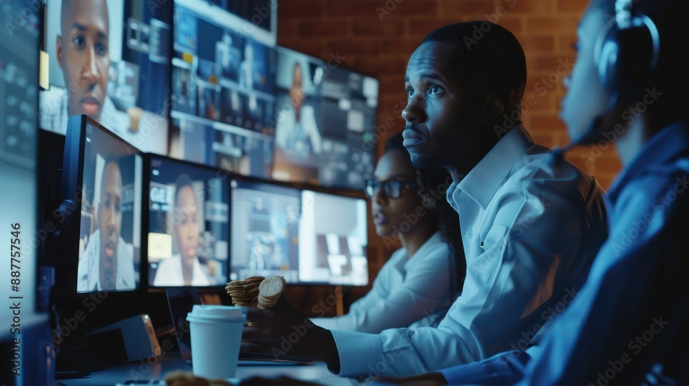 Medium shot of Biracial male security officer bringing snacks and coffee for lunch break to female Black colleague monitoring CCTV footage in surveillance room. Medium shot of Biracial male security officer bringing snacks and coffee for lunch break to female Black colleague monitoring CCTV footage in surveillance room.
