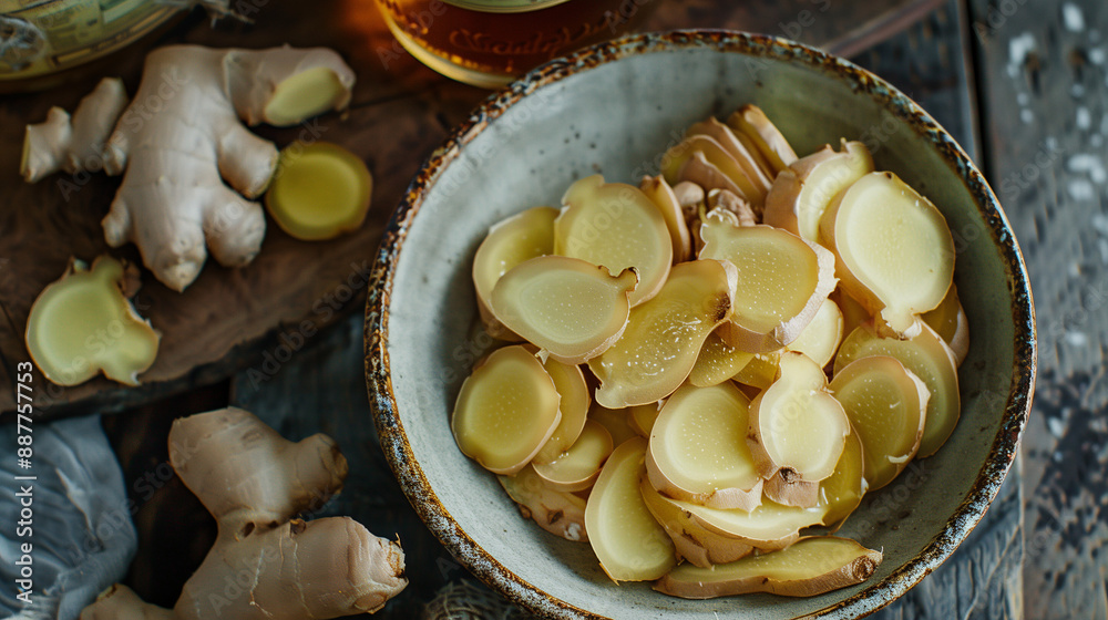 a bowl of freshly sliced ginger, accompanied by a jar of honey and a bottle of bourbon, set on a rustic wooden table a bowl of freshly sliced ginger, accompanied by a jar of honey and a bottle of bourbon, set on a rustic wooden table