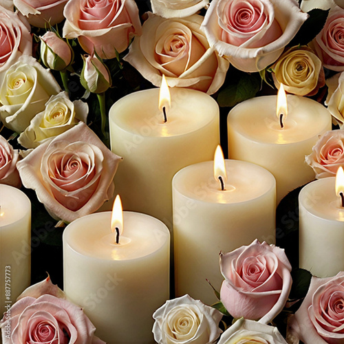 White Candles with Roses and Flower Petals for Sympathy and Condolences