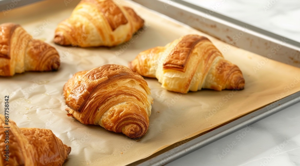 Golden flaky croissants fresh out of the oven are placed on a lined baking sheet. The pastries have a perfect crispy exterior, showcasing their multiple layers and buttery texture, ideal for breakfast Golden flaky croissants fresh out of the oven are placed on a lined baking sheet. The pastries have a perfect crispy exterior, showcasing their multiple layers and buttery texture, ideal for breakfast