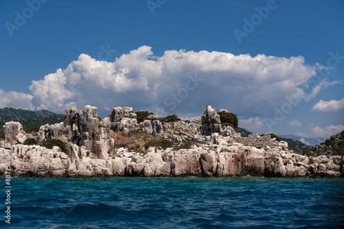 views of kekova island kas antalya turkey, sunken city, cliffs in the sea, simena archaeological sites