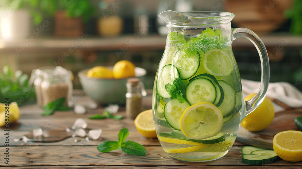 a clear glass pitcher filled with detox water, featuring sliced lemon, cucumber, and mint leaves, placed on a wooden table with a rustic kitchen backdrop a clear glass pitcher filled with detox water, featuring sliced lemon, cucumber, and mint leaves, placed on a wooden table with a rustic kitchen backdrop
