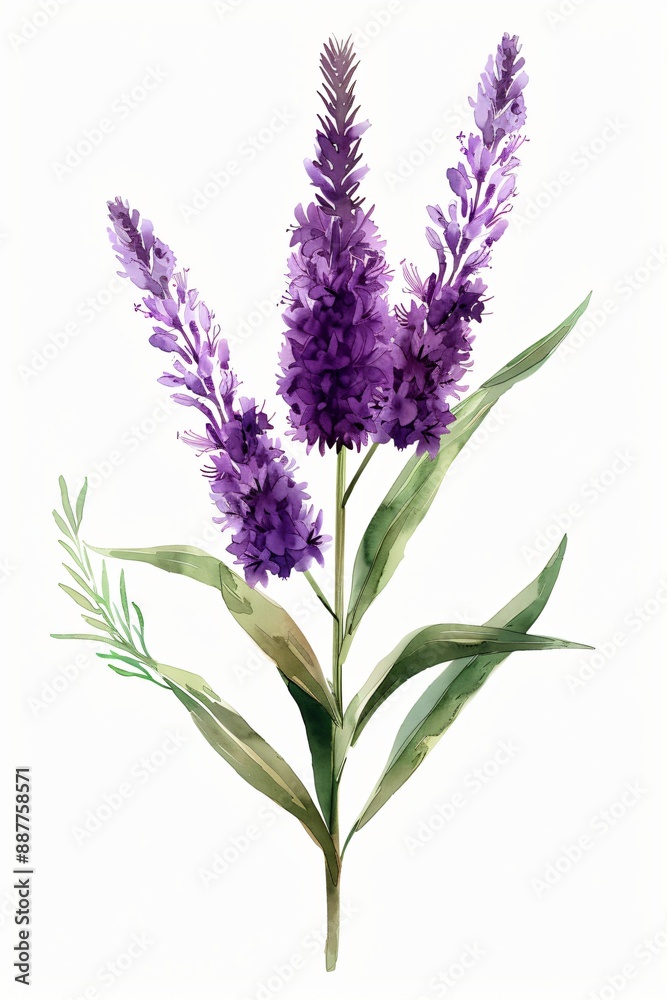 Fototapeta premium Purple Liatris Blazing Star flower and green leaves watercolor painting on a white background
