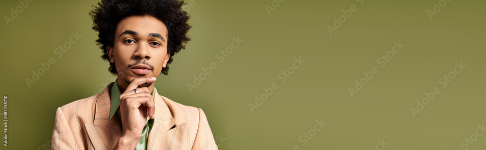 A stylish young African American man with curly hair wearing a suit, exuding confidence and sophistication on a green background. A stylish young African American man with curly hair wearing a suit, exuding confidence and sophistication on a green background.