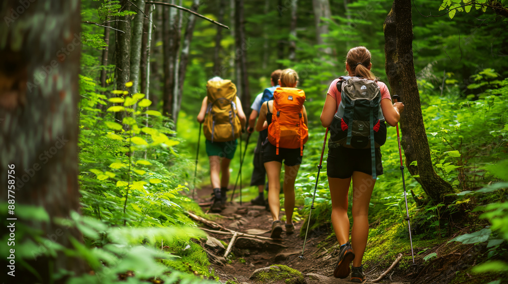 Group of hikers walking on a forest trail with backpacks and trekking poles, surrounded by lush green trees and foliage. Group of hikers walking on a forest trail with backpacks and trekking poles, surrounded by lush green trees and foliage.