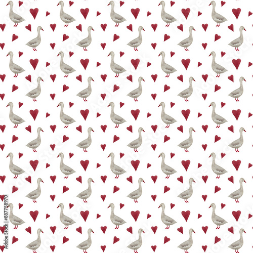 Goose, geese with hearts seamless pattern, hand drawn watercolor cute cartoon ducks background