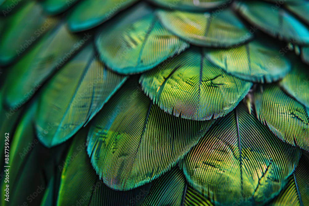Fototapeta premium A close up of the texture and pattern on an exotic bird feather, highlighting its green hues and black lines. The neutral background highlights details. Soft lighting highlights textures and patterns.
