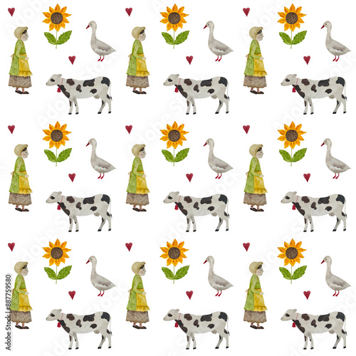 Farm seamless pattern, hand drawn watercolor pattern, 17 century vintage, 18 century, cow, country girl, geese, sunflower