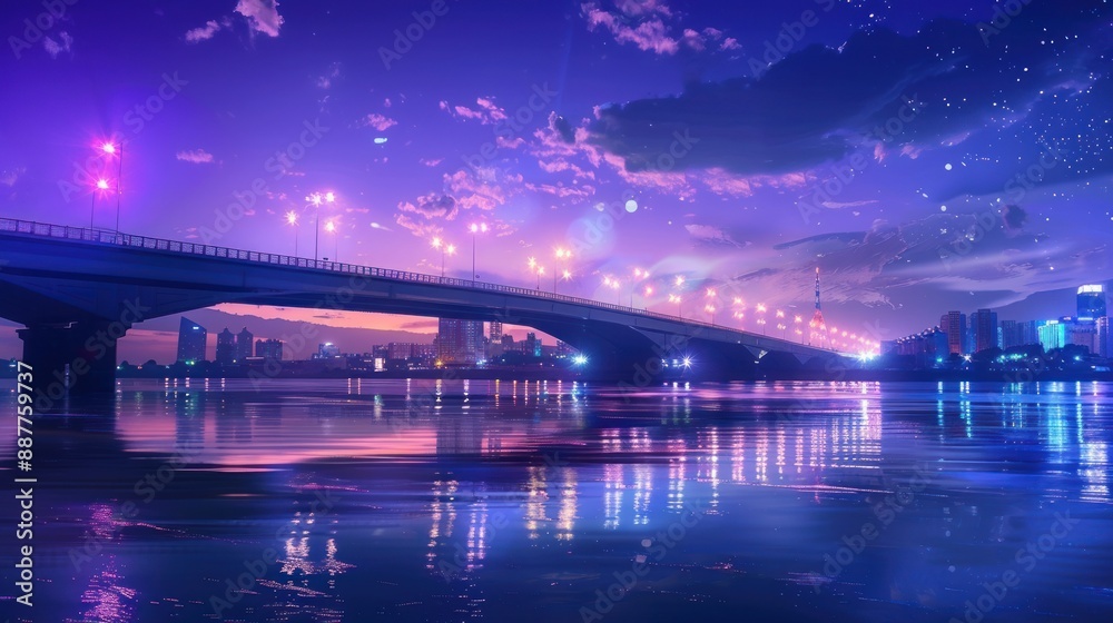 Fototapeta premium Night Cityscape with Bridge and River