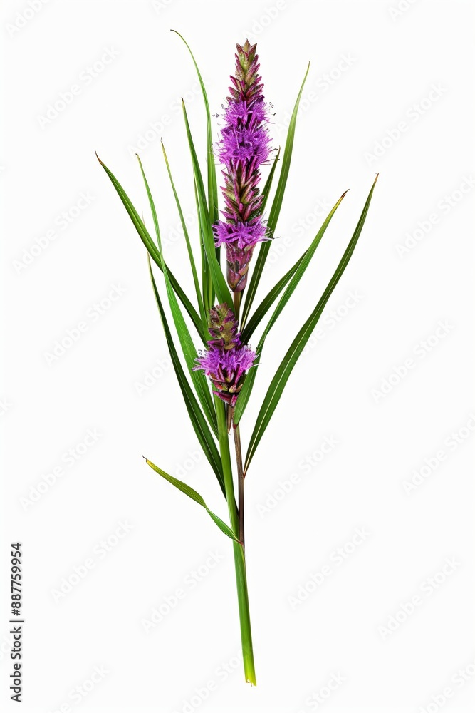 Fototapeta premium Purple flower with green leaves on a white background.