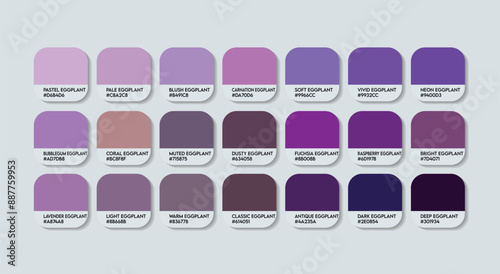 Eggplant Color Palette, Eggplant Color Guide Palette with Color Names. Catalog Samples of Purple with RGB HEX codes and Names. Indigo Colors Palette Vector, Fashion Trend Eggplant Color Palette Vector