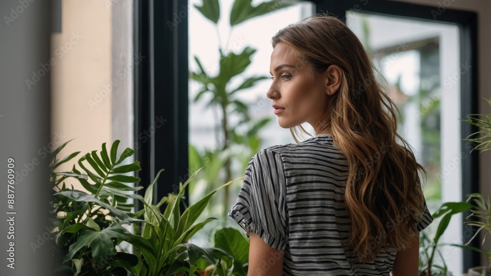 A woman wearing a striped shirt stands among indoor plants, creating a natural and serene atmosphere in a modern, well-lit room.
A woman wearing a striped shirt stands among indoor plants, creating a natural and serene atmosphere in a modern, well-lit room.