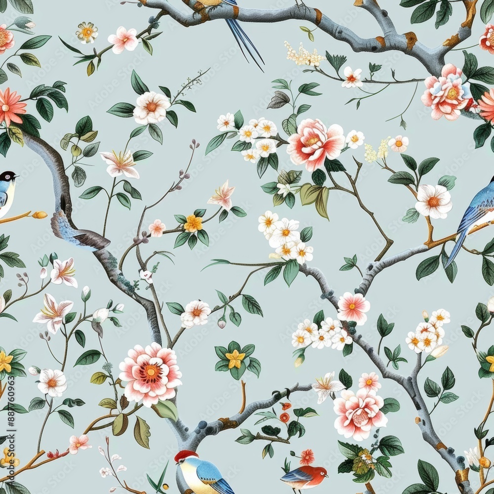 A seamless pattern featuring light blue fabric adorned with floral patterns and birds A seamless pattern featuring light blue fabric adorned with floral patterns and birds
