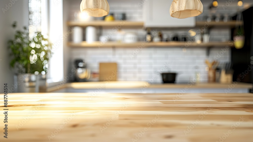 wood table background with sunlight window create leaf shadow on wall with blur indoor green plant foreground.panoramic banner mockup for display of product. AI generated illustration