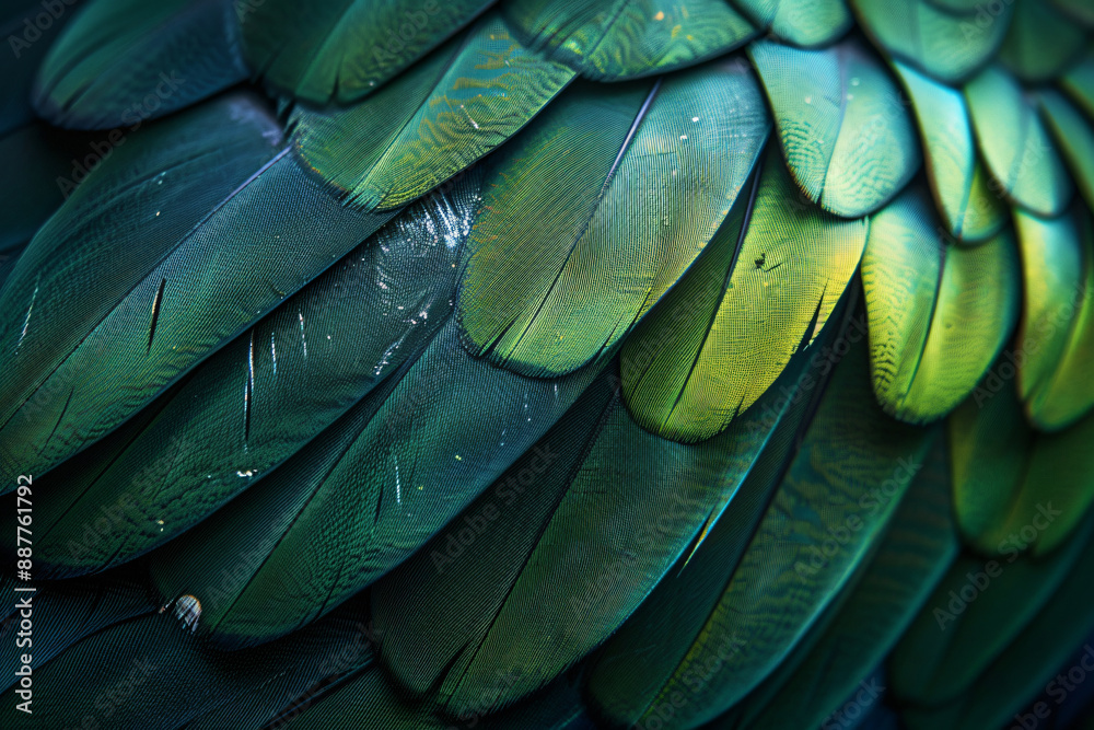 Fototapeta premium A close up of the texture and pattern on an exotic bird feather, highlighting its green hues and black lines. The neutral background highlights details. Soft lighting highlights textures and patterns.