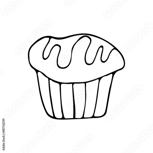 A hand-drawn muffin, a black and white  cupcake icon, a cute pastry doodle, a cake sketch