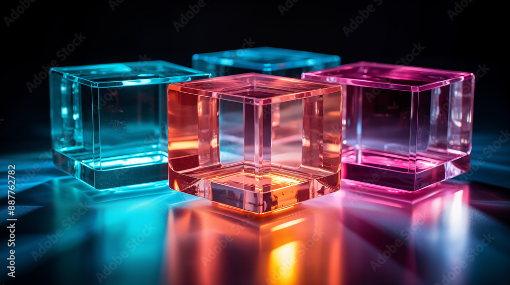 Four cubes made of glass, glowing in blue, pink, and orange light on a black background. Four cubes made of glass, glowing in blue, pink, and orange light on a black background.