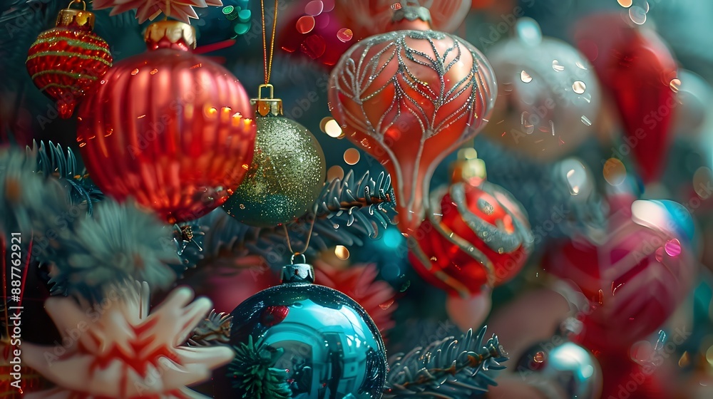 Naklejka premium Close-Up of Colorful Christmas Ornaments on a Festive Tree with Bokeh Lights in the Background