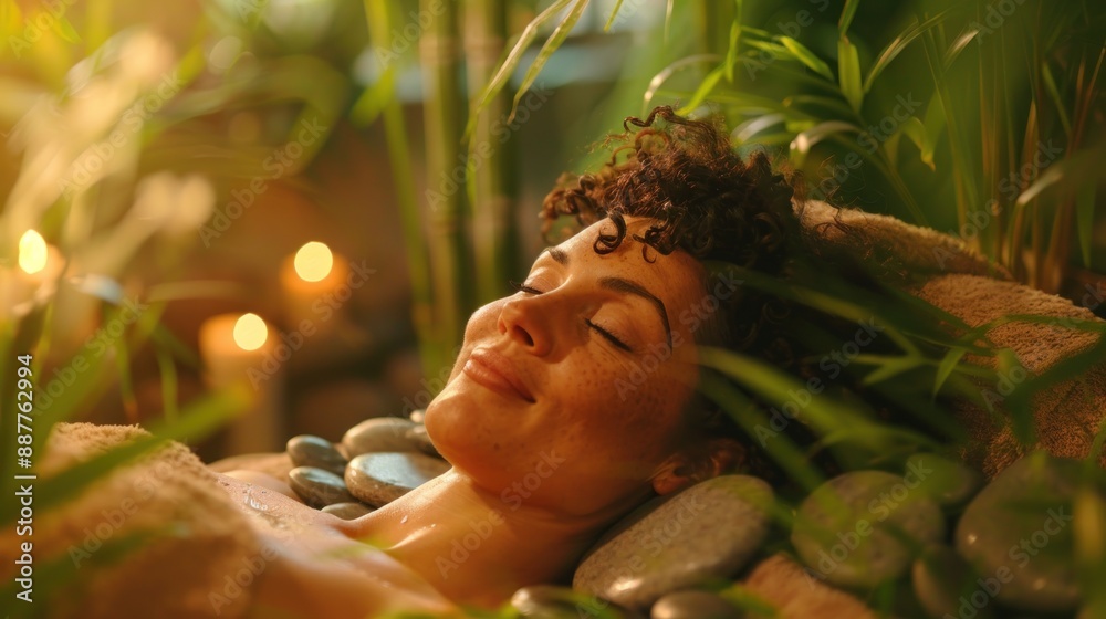 Obraz premium A peaceful spa scene where a mother is getting a hot stone massage, her face relaxed and eyes closed. The spa room is decorated with natural elements like bamboo and stones, and soft lighting