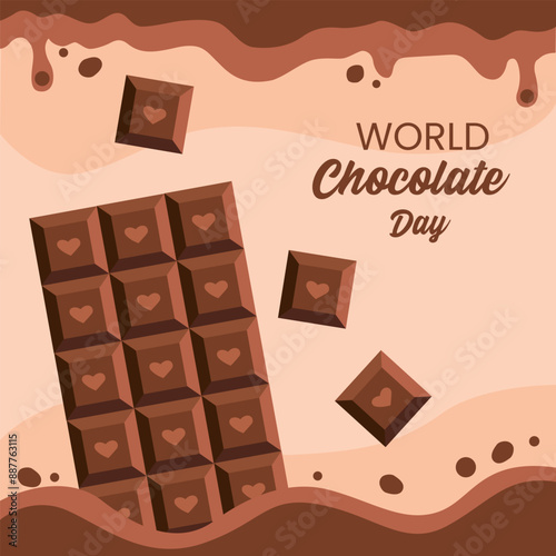 A chocolate bar designed for World Chocolate Day on July 7th. The bar has a brown background with WORLD Chocolate Day in brown text and small hearts in cadbury
