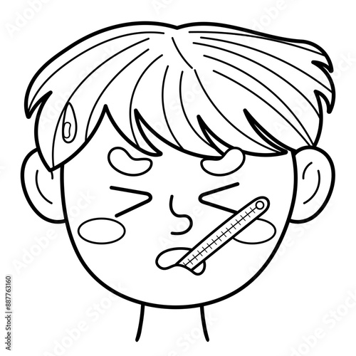 Sick boy face with a thermometer in his mouth in black and white. Ill little kid with fever clipart in outline. Illness emotion. Feeling concept vector illustration