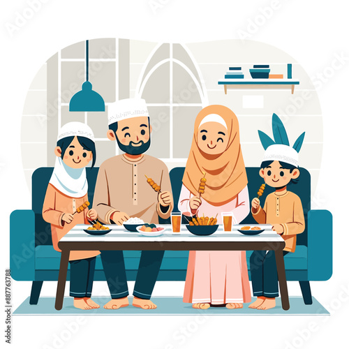 Cartoon of a happy Muslim family eating together