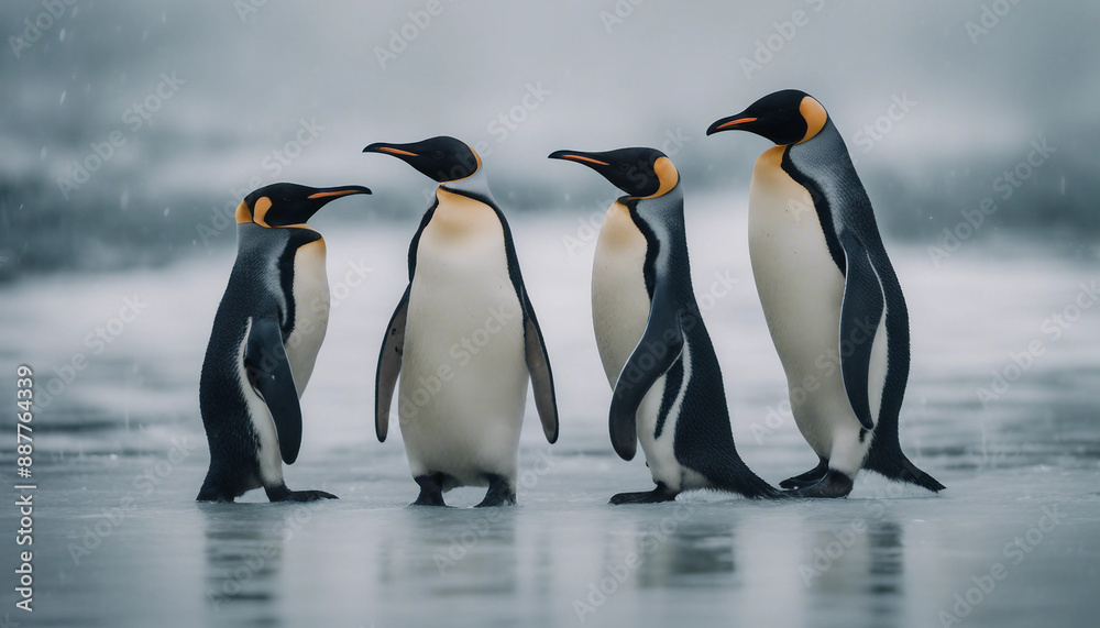 Obraz premium A colony of penguins huddling on the ice, overcast day 