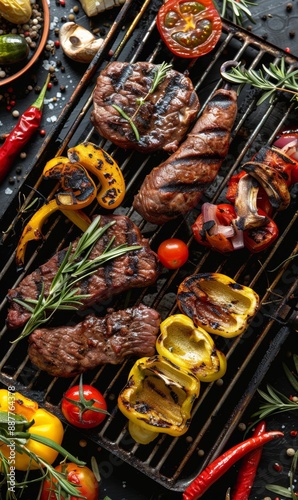 A summer BBQ featuring a variety of meats and vegetables sizzling on the grill, capturing the essence of a summer staple.