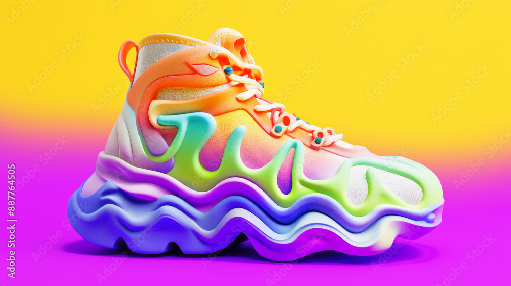 Creative design platform sneakers on a minimalistic yellow background. Fashion shoes concept. Creative design platform sneakers on a minimalistic yellow background. Fashion shoes concept.