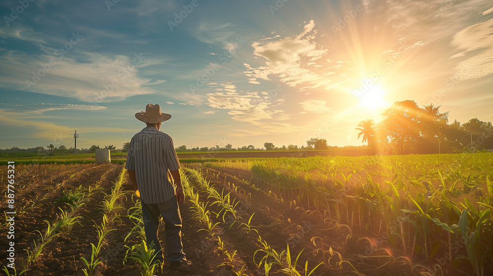 Fototapeta premium Farmer is working in the fields under a relentless sun, showing the challenges of hot weather on agriculture
