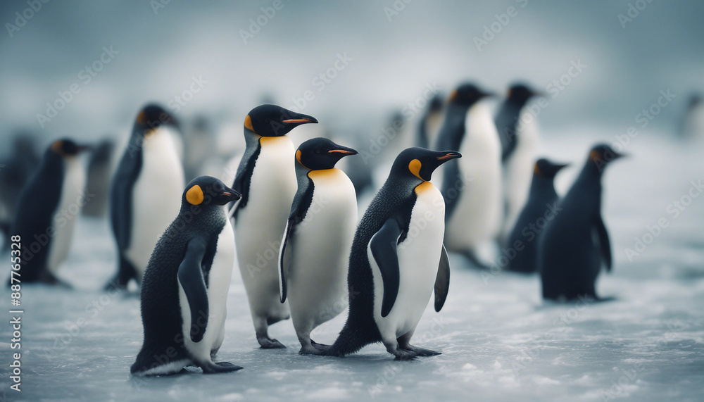 Obraz premium A colony of penguins huddling on the ice, overcast day 