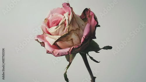 A solitary withered pink rose on white backdrop symbolizing loneliness and sorrow