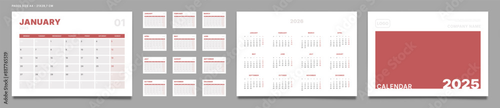 Obraz premium Set of 2025 Pages Monthly Calendar Planner Templates, Cover with Place for Photo, Company Logo, Annual. Design of Vector layout Calendar Pages size A4-21x29.7 cm in for print. Week start on Monday